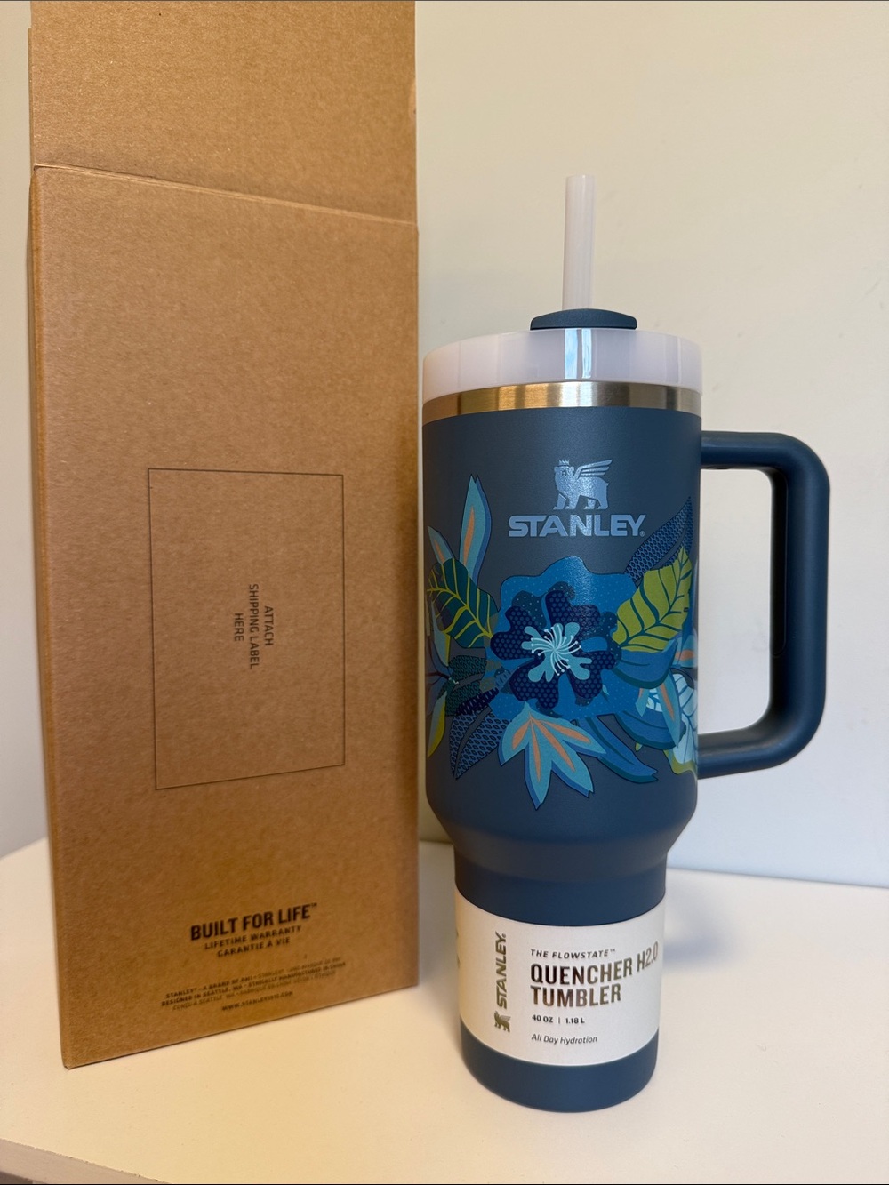 Stanley Blue Floral Handle Quencher Tumbler with Straw